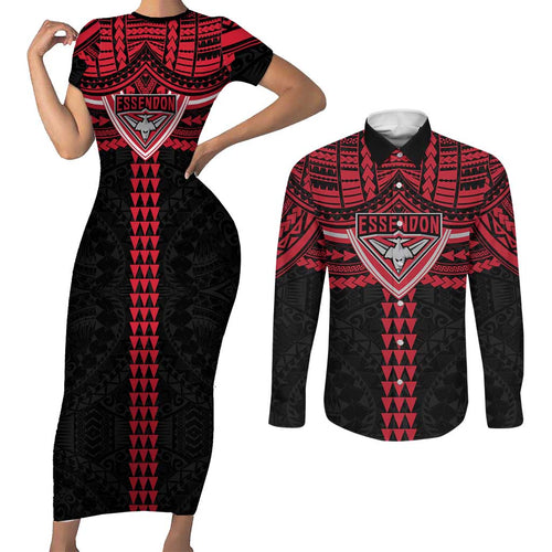 Personalized Essendon Bombers Couples Matching Short Sleeve Bodycon Dress and Long Sleeve Button Shirt Polynesian Tribal Pattern Heritage Football