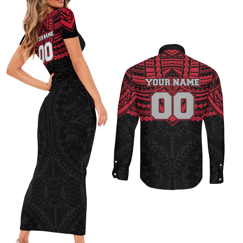 Personalized Essendon Bombers Couples Matching Short Sleeve Bodycon Dress and Long Sleeve Button Shirt Polynesian Tribal Pattern Heritage Football