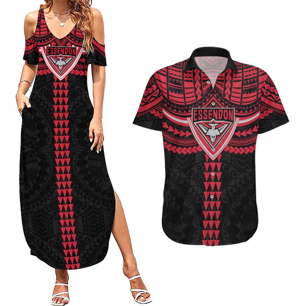 Personalized Essendon Bombers Couples Matching Summer Maxi Dress and Hawaiian Shirt Polynesian Tribal Pattern Heritage Football