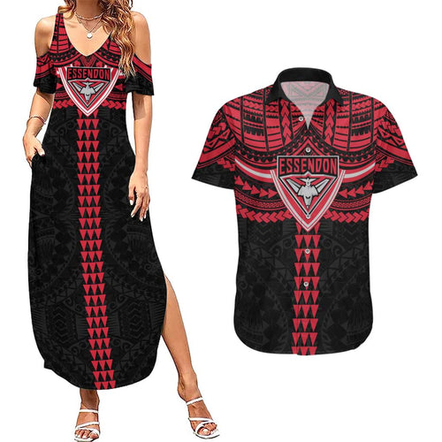 Personalized Essendon Bombers Couples Matching Summer Maxi Dress and Hawaiian Shirt Polynesian Tribal Pattern Heritage Football