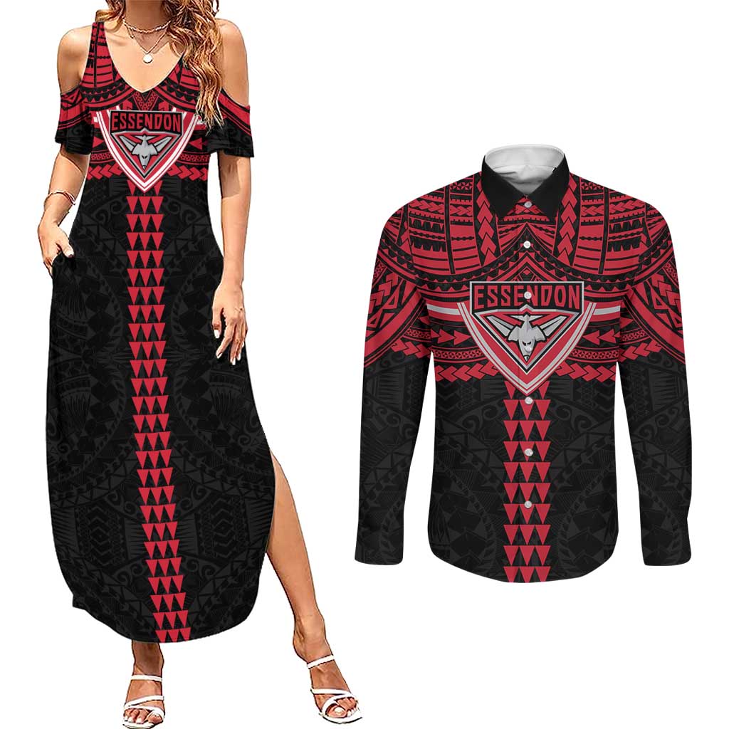 Personalized Essendon Bombers Couples Matching Summer Maxi Dress and Long Sleeve Button Shirt Polynesian Tribal Pattern Heritage Football