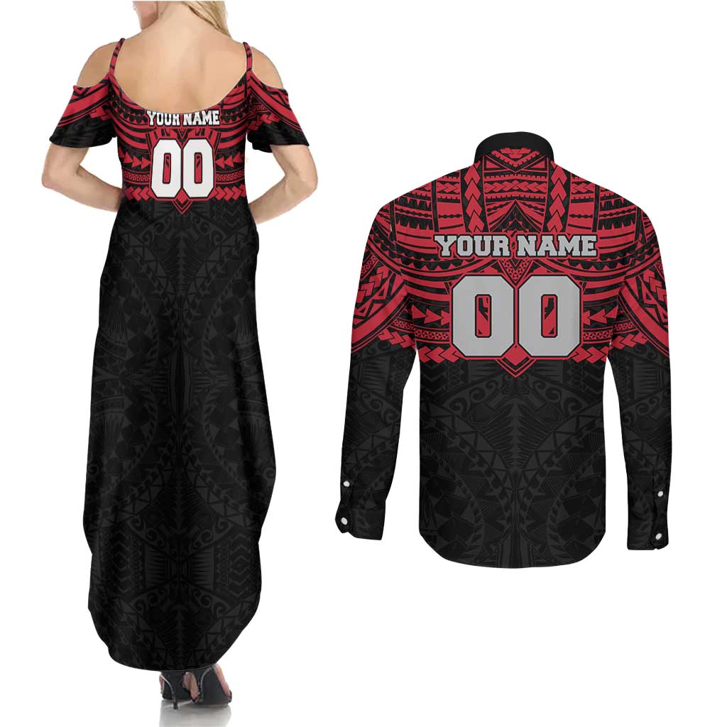 Personalized Essendon Bombers Couples Matching Summer Maxi Dress and Long Sleeve Button Shirt Polynesian Tribal Pattern Heritage Football