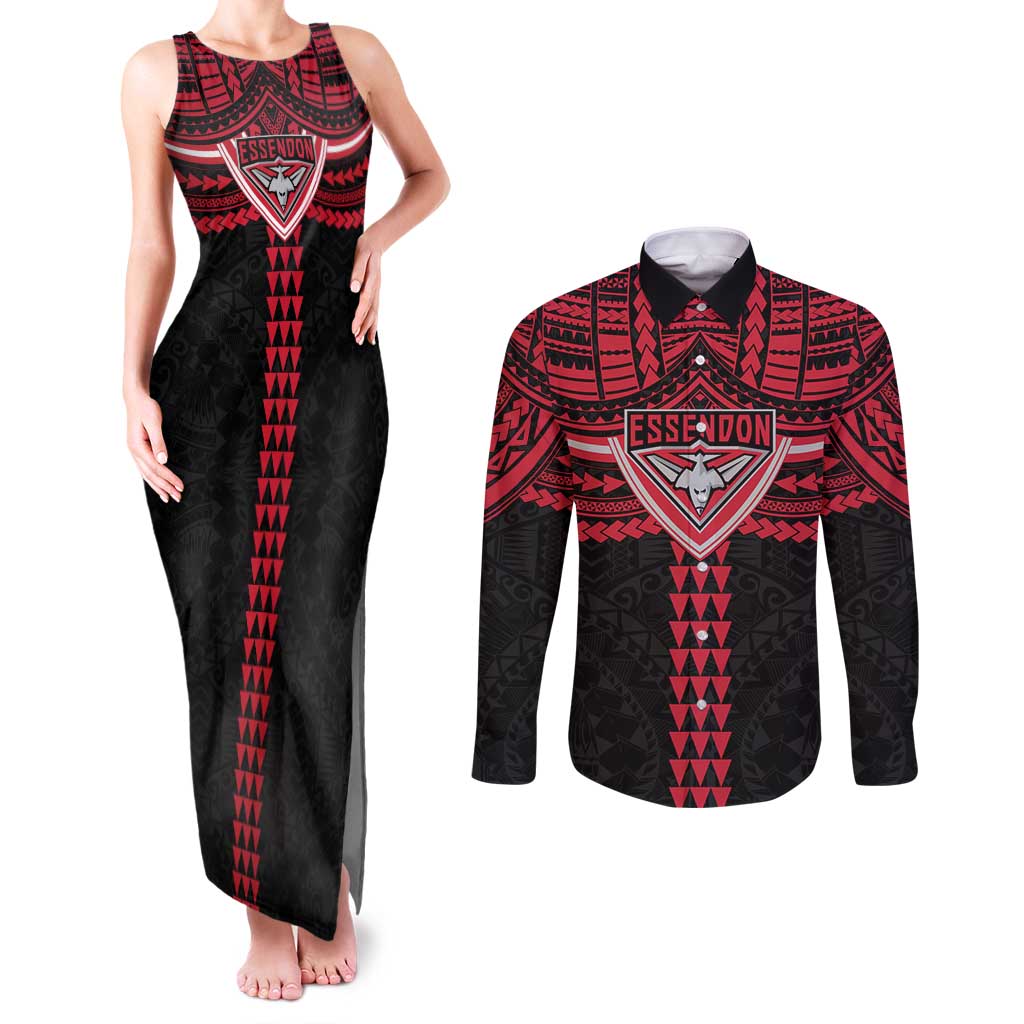 Personalized Essendon Bombers Couples Matching Tank Maxi Dress and Long Sleeve Button Shirt Polynesian Tribal Pattern Heritage Football