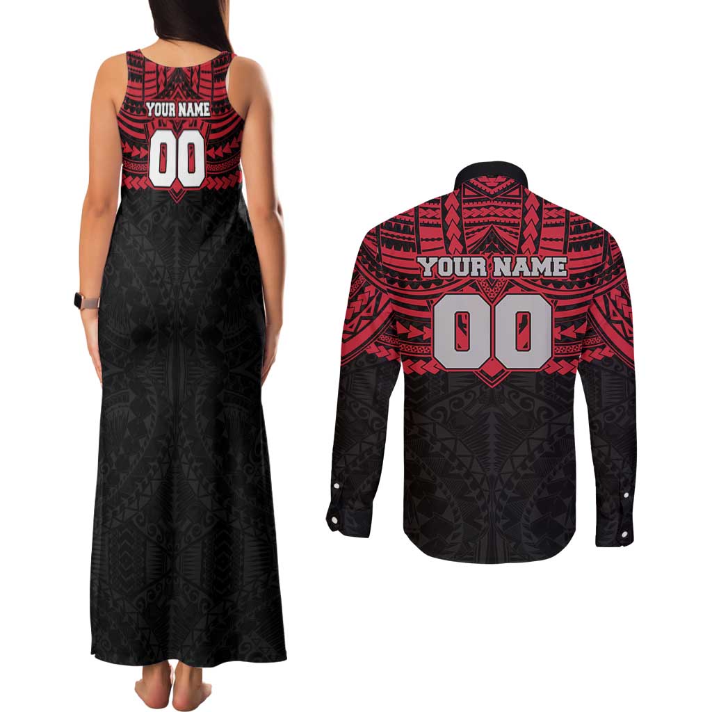 Personalized Essendon Bombers Couples Matching Tank Maxi Dress and Long Sleeve Button Shirt Polynesian Tribal Pattern Heritage Football