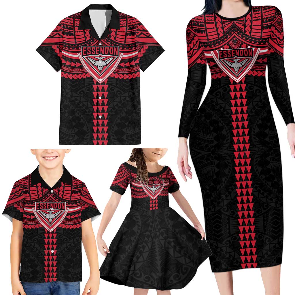 Personalized Essendon Bombers Family Matching Long Sleeve Bodycon Dress and Hawaiian Shirt Polynesian Tribal Pattern Heritage Football