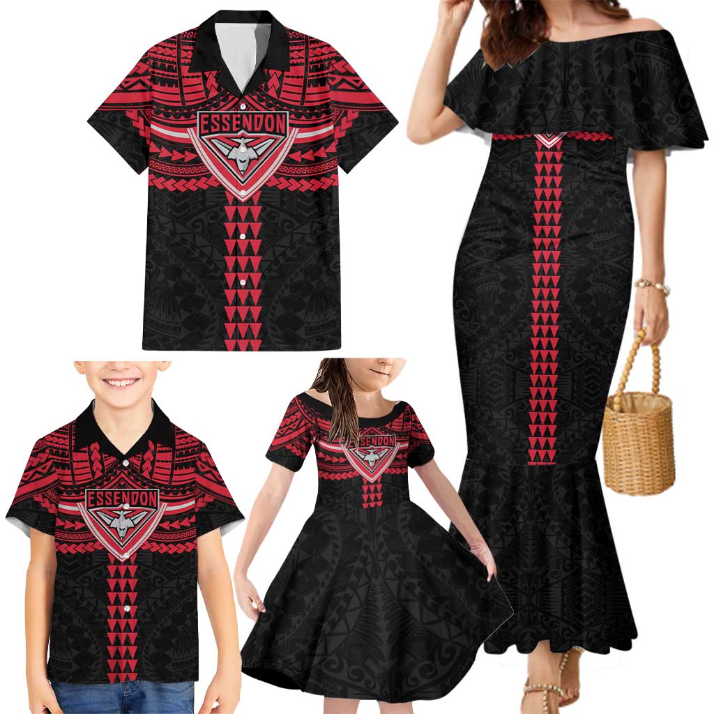Personalized Essendon Bombers Family Matching Mermaid Dress and Hawaiian Shirt Polynesian Tribal Pattern Heritage Football