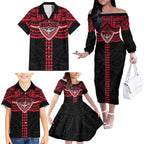 Personalized Essendon Bombers Family Matching Off The Shoulder Long Sleeve Dress and Hawaiian Shirt Polynesian Tribal Pattern Heritage Football