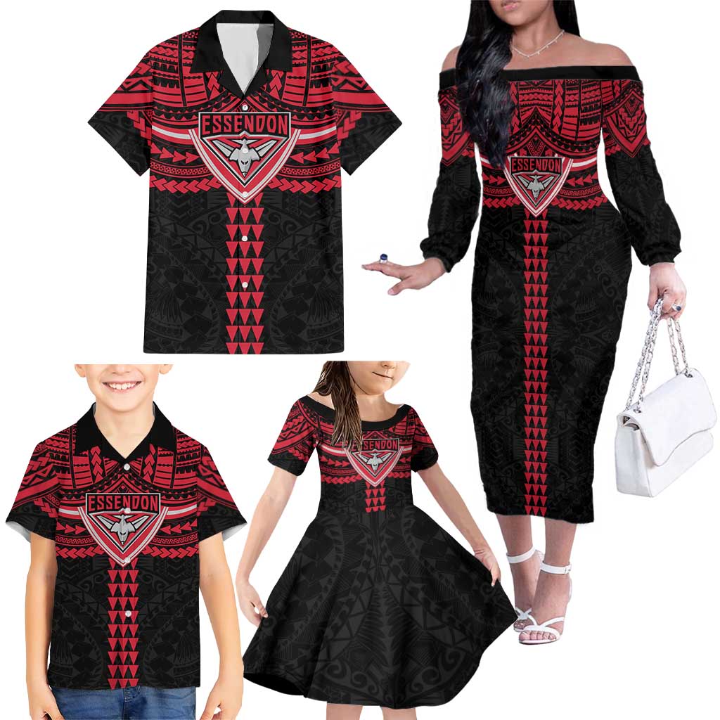 Personalized Essendon Bombers Family Matching Off The Shoulder Long Sleeve Dress and Hawaiian Shirt Polynesian Tribal Pattern Heritage Football