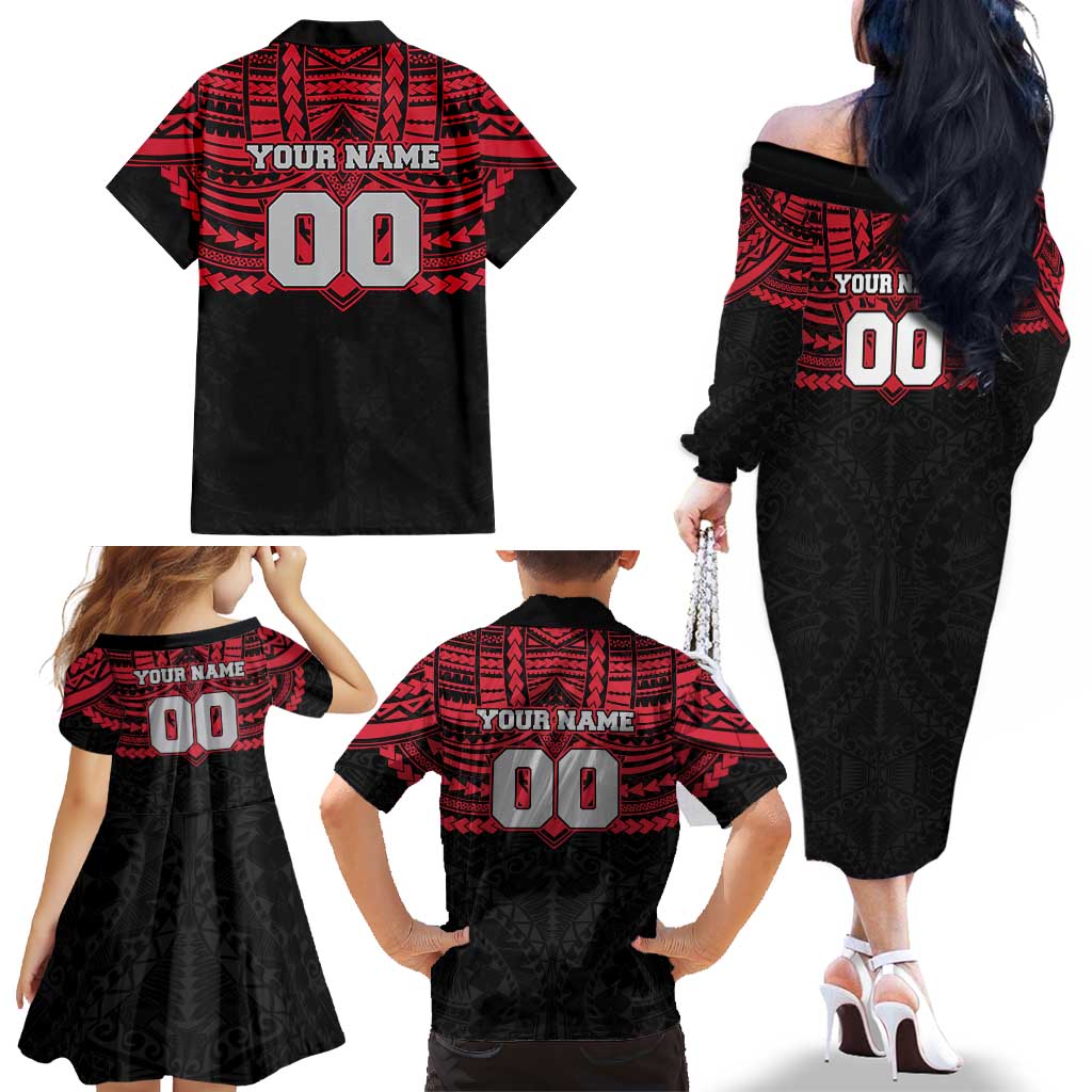 Personalized Essendon Bombers Family Matching Off The Shoulder Long Sleeve Dress and Hawaiian Shirt Polynesian Tribal Pattern Heritage Football