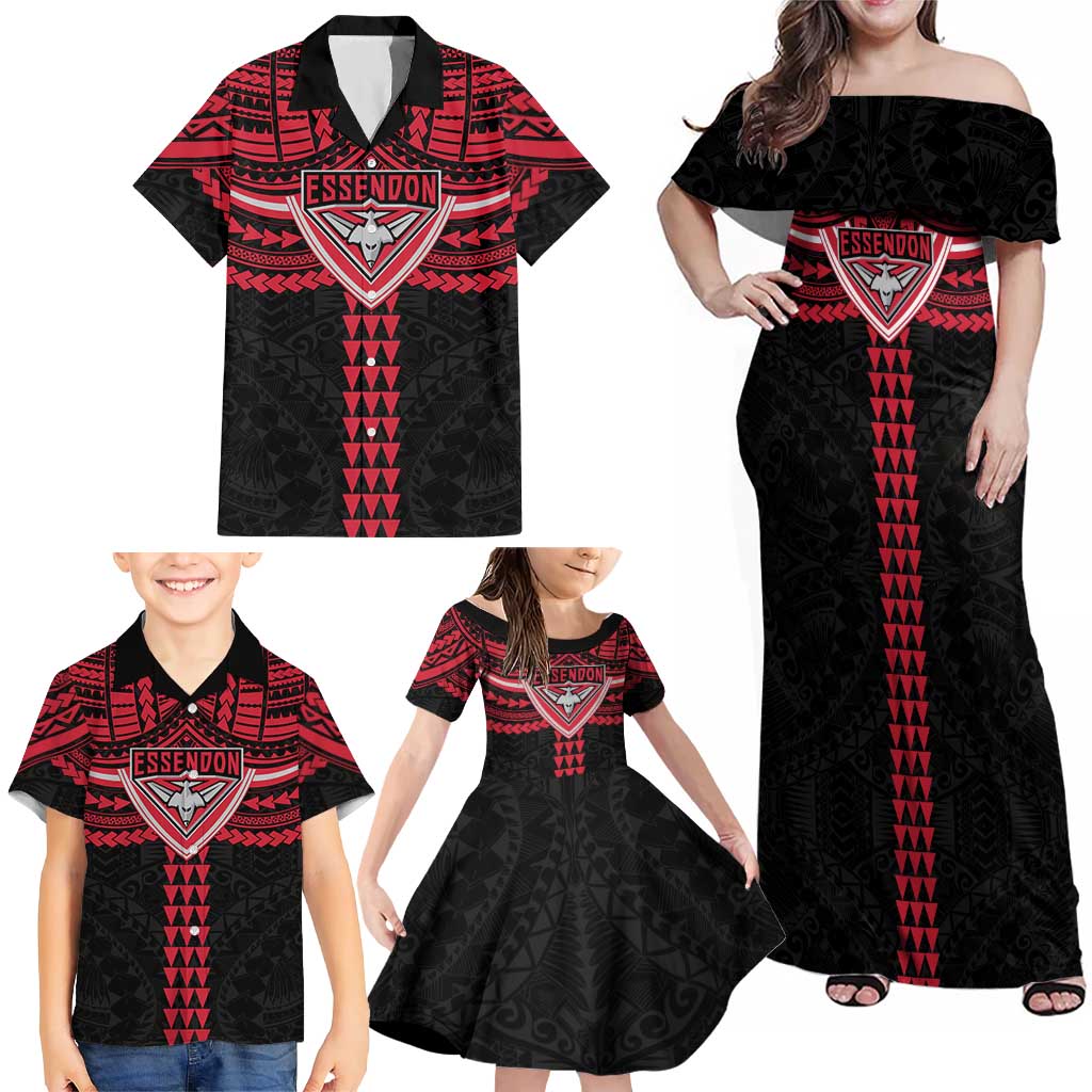 Personalized Essendon Bombers Family Matching Off Shoulder Maxi Dress and Hawaiian Shirt Polynesian Tribal Pattern Heritage Football