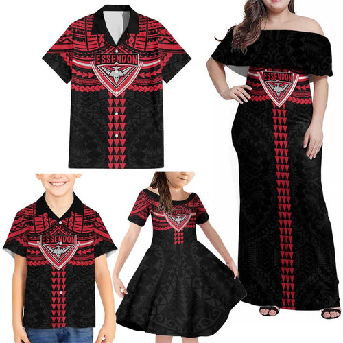 Personalized Essendon Bombers Family Matching Off Shoulder Maxi Dress and Hawaiian Shirt Polynesian Tribal Pattern Heritage Football