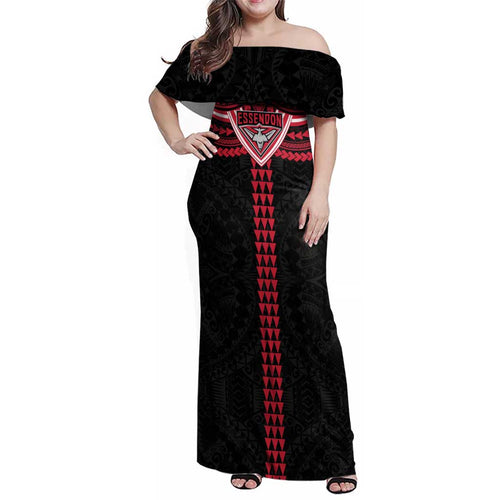 Personalized Essendon Bombers Family Matching Off Shoulder Maxi Dress and Hawaiian Shirt Polynesian Tribal Pattern Heritage Football