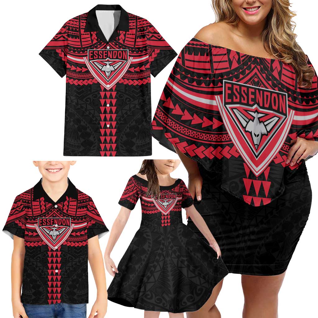 Personalized Essendon Bombers Family Matching Off Shoulder Short Dress and Hawaiian Shirt Polynesian Tribal Pattern Heritage Football