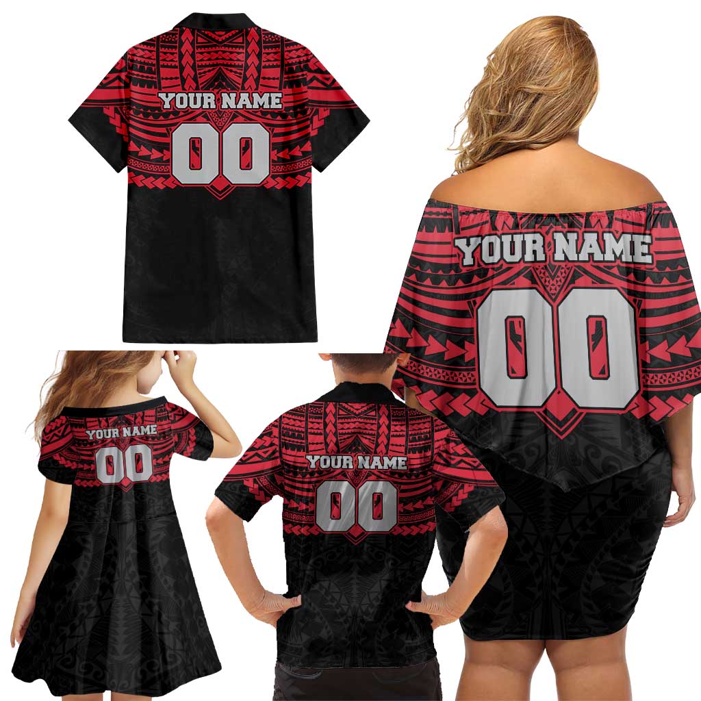 Personalized Essendon Bombers Family Matching Off Shoulder Short Dress and Hawaiian Shirt Polynesian Tribal Pattern Heritage Football