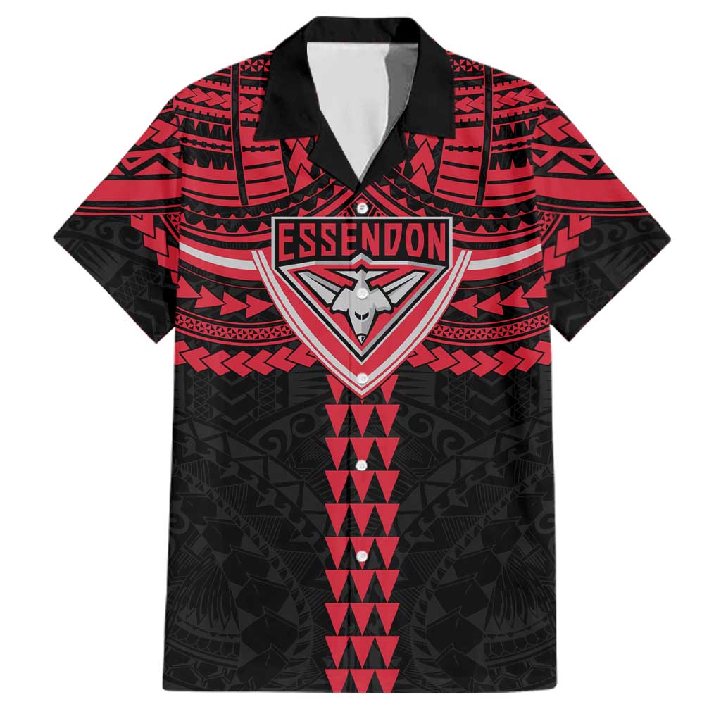 Personalized Essendon Bombers Family Matching Off Shoulder Short Dress and Hawaiian Shirt Polynesian Tribal Pattern Heritage Football