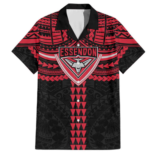 Personalized Essendon Bombers Family Matching Off Shoulder Short Dress and Hawaiian Shirt Polynesian Tribal Pattern Heritage Football