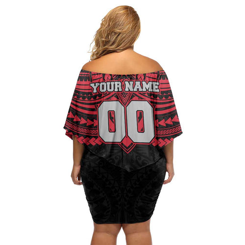 Personalized Essendon Bombers Family Matching Off Shoulder Short Dress and Hawaiian Shirt Polynesian Tribal Pattern Heritage Football