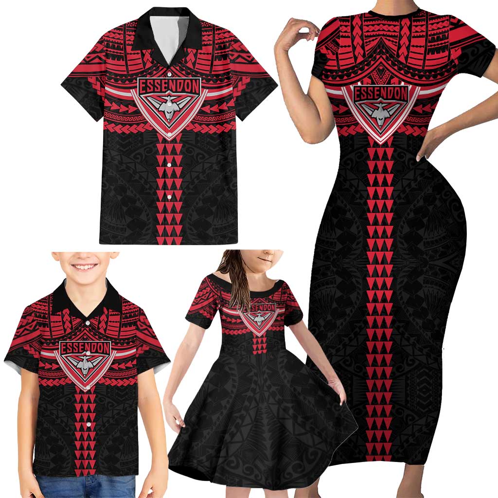 Personalized Essendon Bombers Family Matching Short Sleeve Bodycon Dress and Hawaiian Shirt Polynesian Tribal Pattern Heritage Football