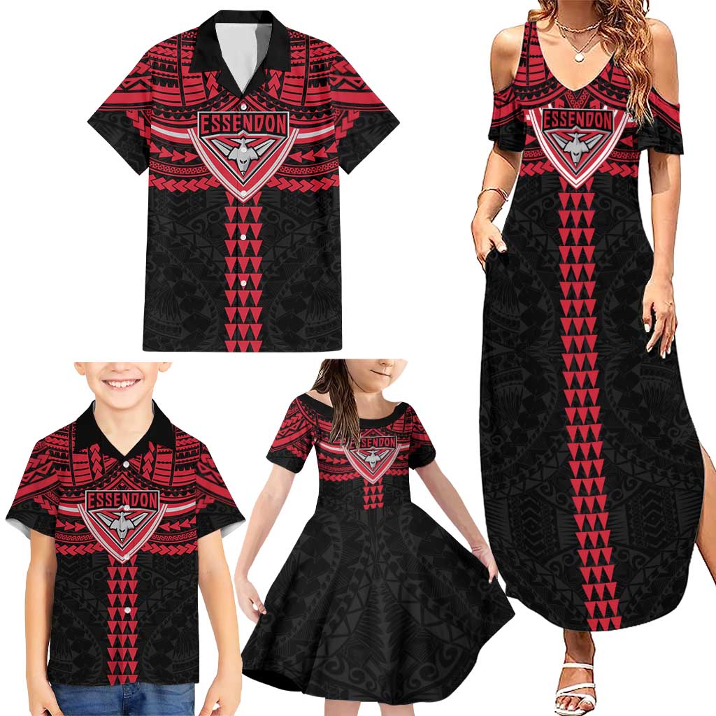 Personalized Essendon Bombers Family Matching Summer Maxi Dress and Hawaiian Shirt Polynesian Tribal Pattern Heritage Football