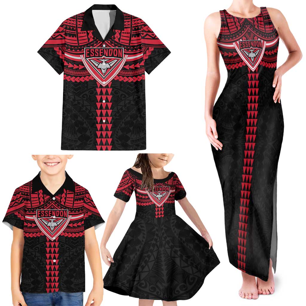Personalized Essendon Bombers Family Matching Tank Maxi Dress and Hawaiian Shirt Polynesian Tribal Pattern Heritage Football