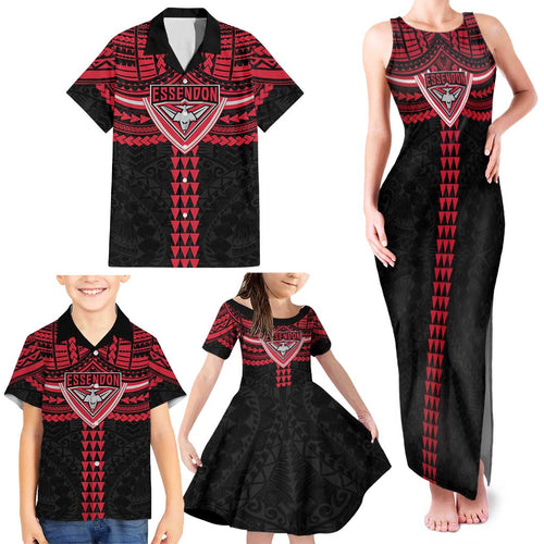 Personalized Essendon Bombers Family Matching Tank Maxi Dress and Hawaiian Shirt Polynesian Tribal Pattern Heritage Football
