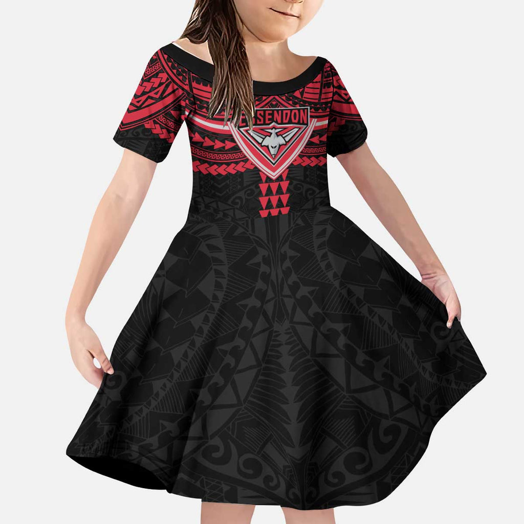 Personalized Essendon Bombers Kid Short Sleeve Dress Polynesian Tribal Pattern Heritage Football