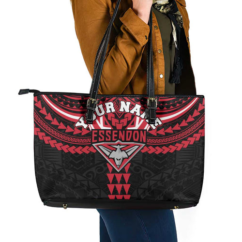 Personalized Essendon Bombers Leather Tote Bag Polynesian Tribal Pattern Heritage Football
