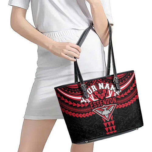 Personalized Essendon Bombers Leather Tote Bag Polynesian Tribal Pattern Heritage Football