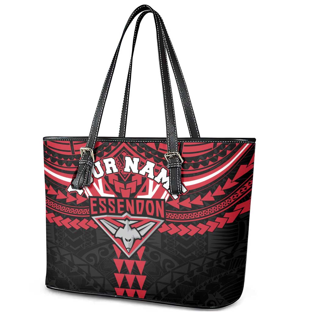 Personalized Essendon Bombers Leather Tote Bag Polynesian Tribal Pattern Heritage Football