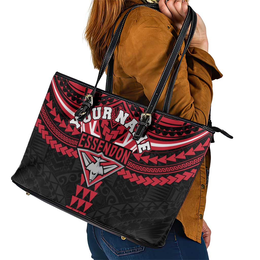 Personalized Essendon Bombers Leather Tote Bag Polynesian Tribal Pattern Heritage Football