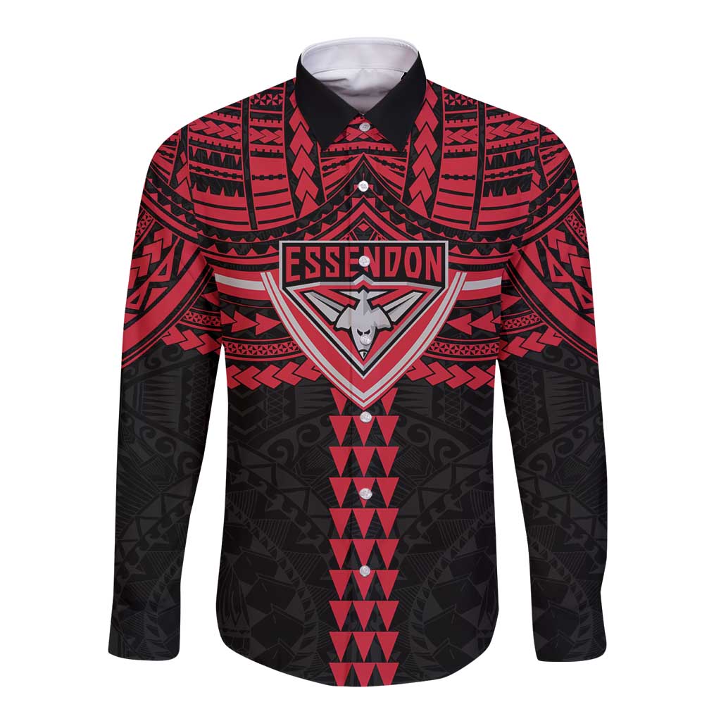 Personalized Essendon Bombers Long Sleeve Button Shirt Polynesian Tribal Pattern Heritage Football