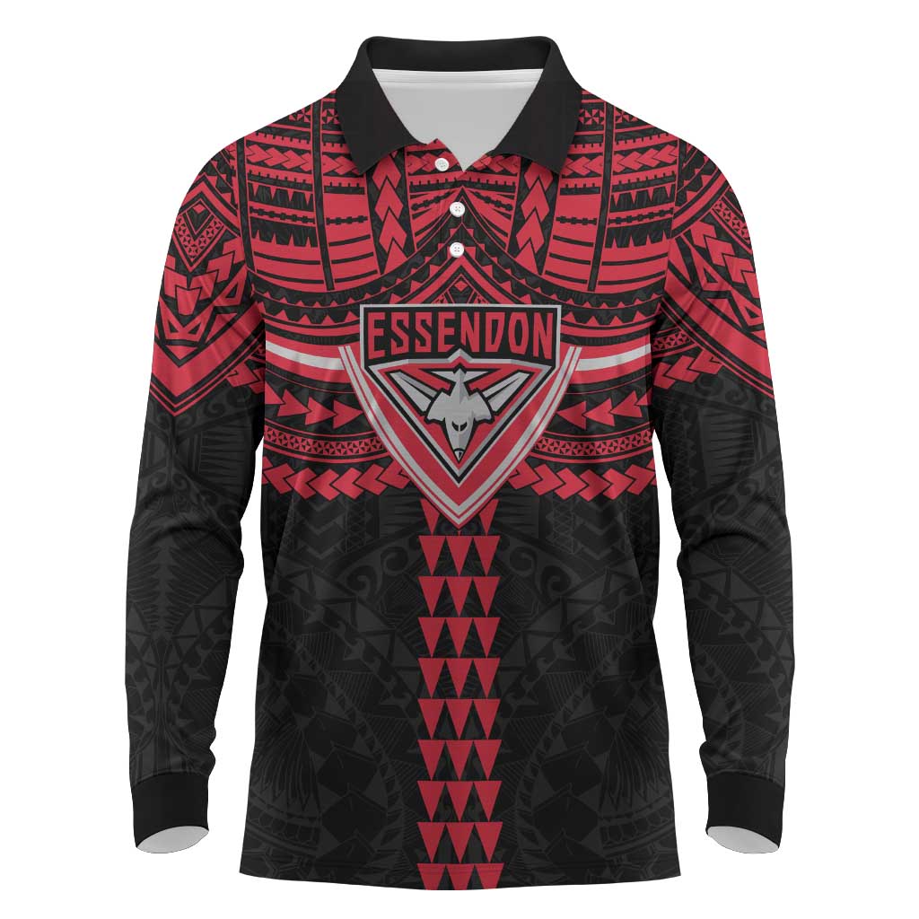 Personalized Essendon Bombers Long Sleeve Polo Shirt Polynesian Tribal Pattern Heritage Football