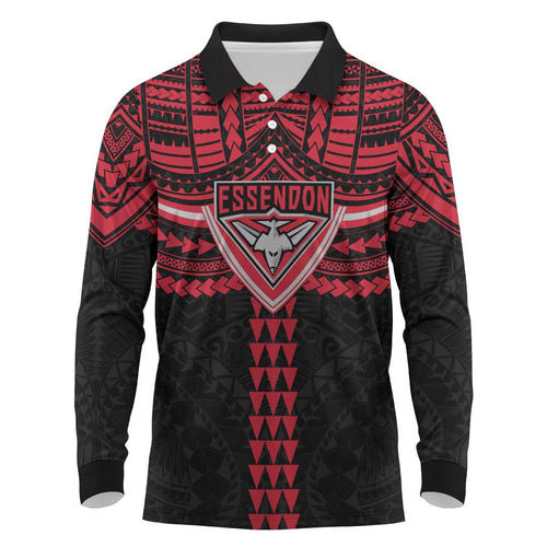 Personalized Essendon Bombers Long Sleeve Polo Shirt Polynesian Tribal Pattern Heritage Football