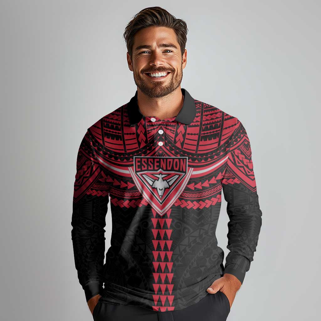 Personalized Essendon Bombers Long Sleeve Polo Shirt Polynesian Tribal Pattern Heritage Football