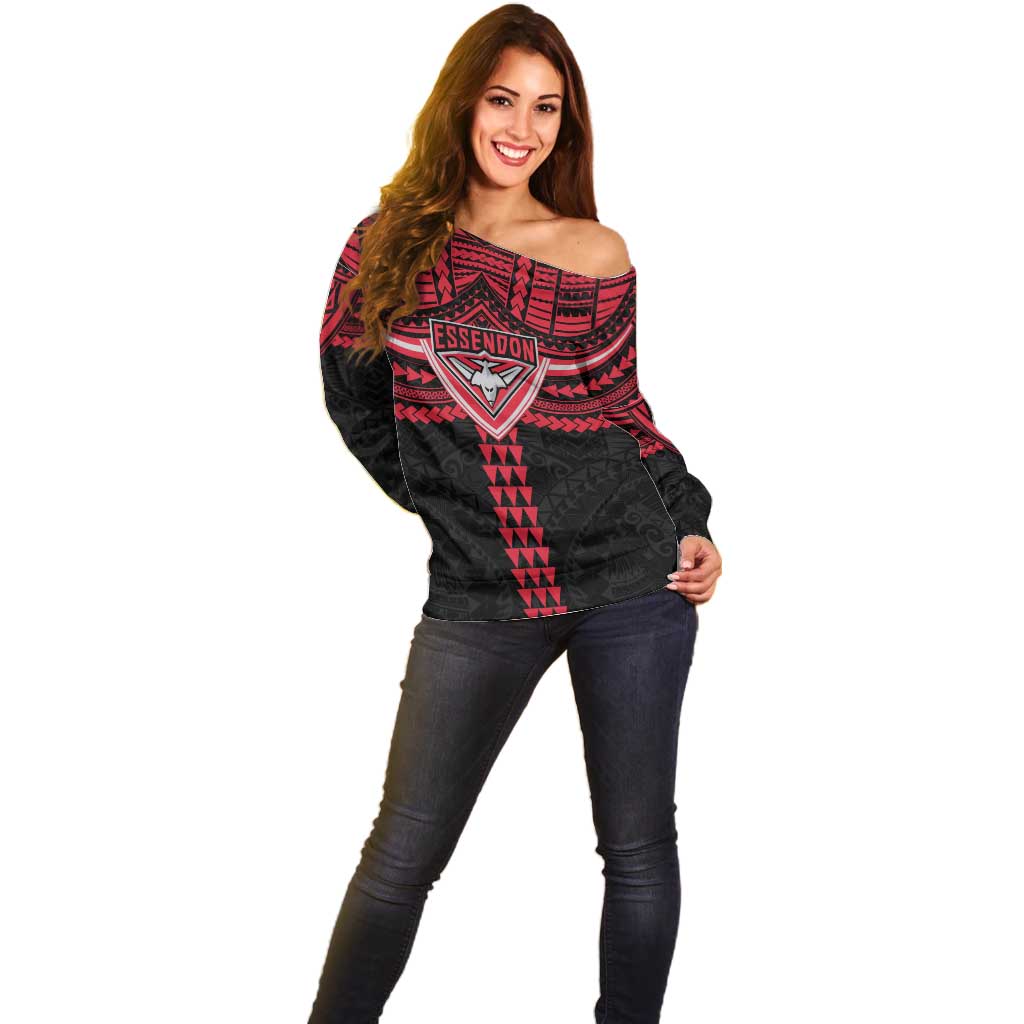 Personalized Essendon Bombers Off Shoulder Sweater Polynesian Tribal Pattern Heritage Football