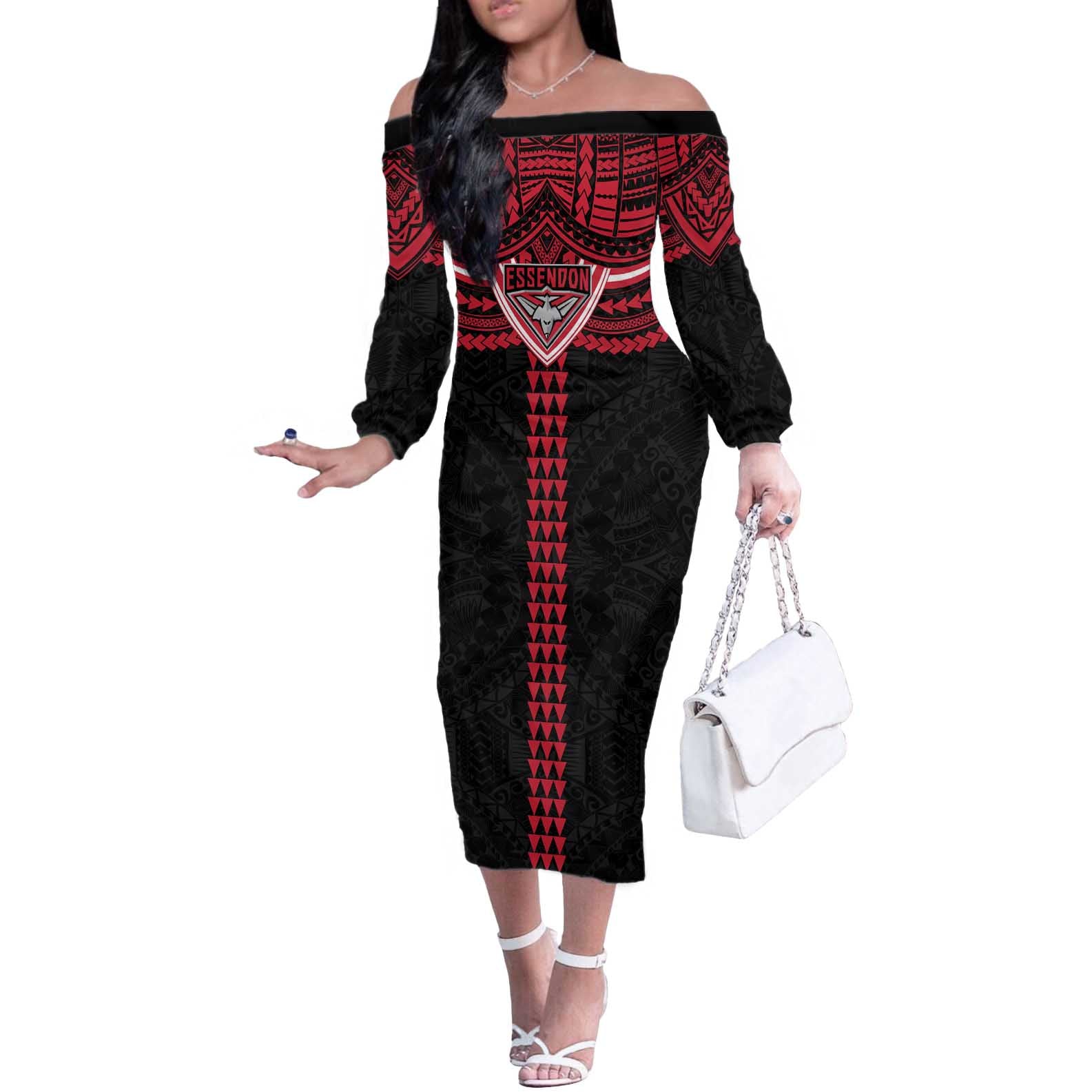 Personalized Essendon Bombers Off The Shoulder Long Sleeve Dress Polynesian Tribal Pattern Heritage Football