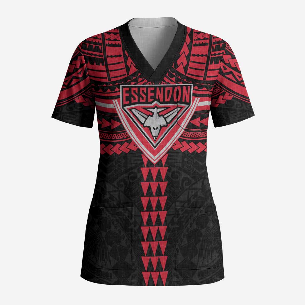 Personalized Essendon Bombers Scrub Top Polynesian Tribal Pattern Heritage Football