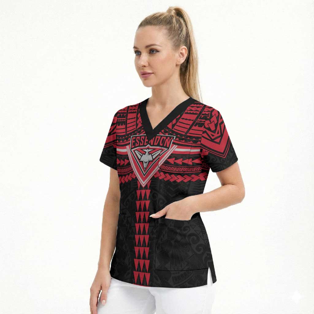 Personalized Essendon Bombers Scrub Top Polynesian Tribal Pattern Heritage Football