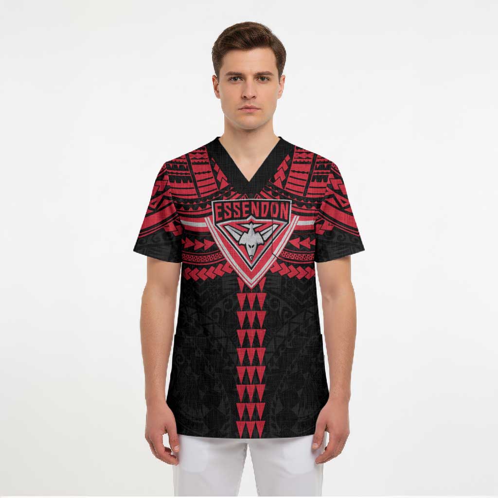 Personalized Essendon Bombers Scrub Top Polynesian Tribal Pattern Heritage Football