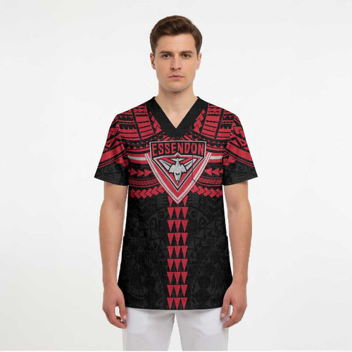 Personalized Essendon Bombers Scrub Top Polynesian Tribal Pattern Heritage Football