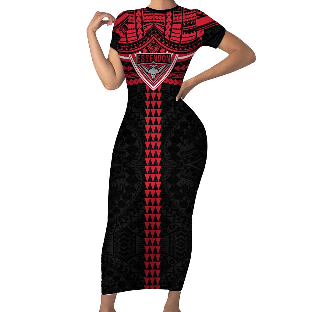 Personalized Essendon Bombers Short Sleeve Bodycon Dress Polynesian Tribal Pattern Heritage Football