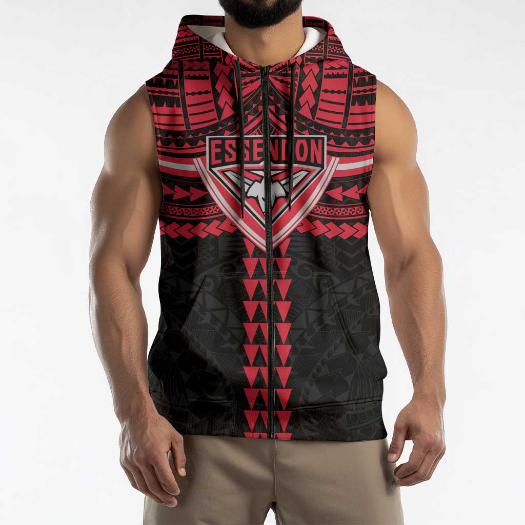 Personalized Essendon Bombers Sleeveless Zip Hoodie Polynesian Tribal Pattern Heritage Football
