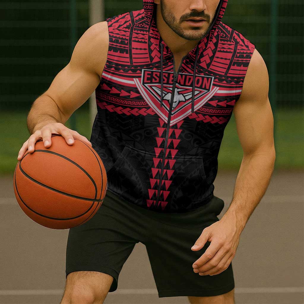 Personalized Essendon Bombers Sleeveless Zip Hoodie Polynesian Tribal Pattern Heritage Football