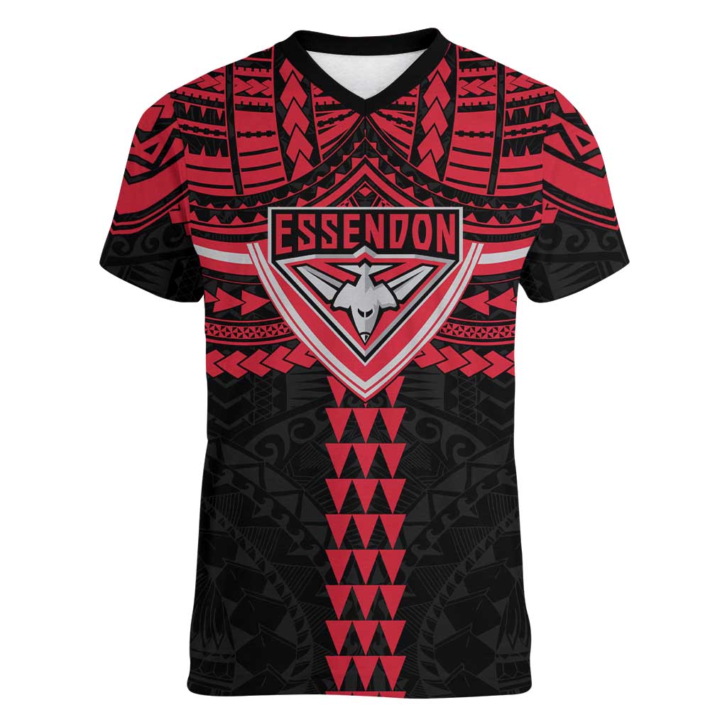 Personalized Essendon Bombers Women V-Neck T-Shirt Polynesian Tribal Pattern Heritage Football