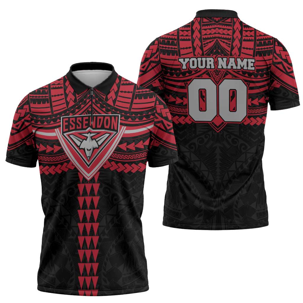 Personalized Essendon Bombers Zipper Polo Shirt Polynesian Tribal Pattern Heritage Football