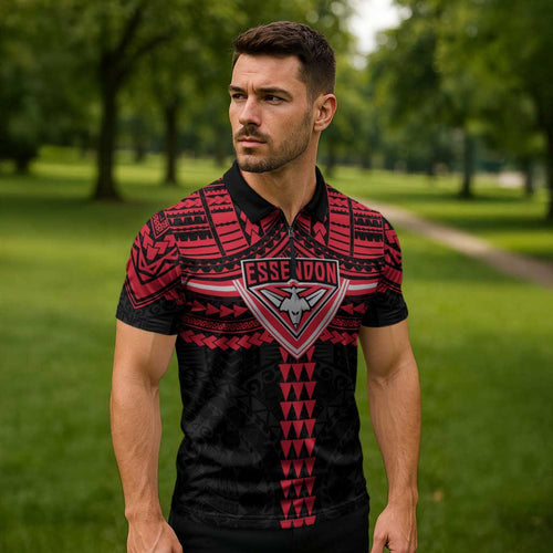 Personalized Essendon Bombers Zipper Polo Shirt Polynesian Tribal Pattern Heritage Football
