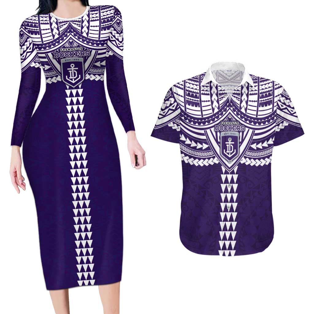 Personalized Fremantle Dockers Couples Matching Long Sleeve Bodycon Dress and Hawaiian Shirt Polynesian Tribal Pattern Heritage Football