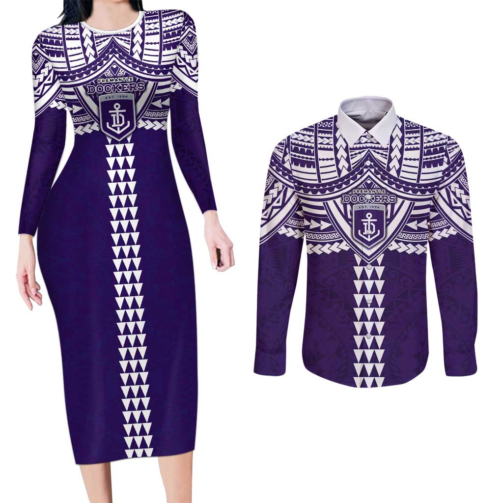 Personalized Fremantle Dockers Couples Matching Long Sleeve Bodycon Dress and Long Sleeve Button Shirt Polynesian Tribal Pattern Heritage Football