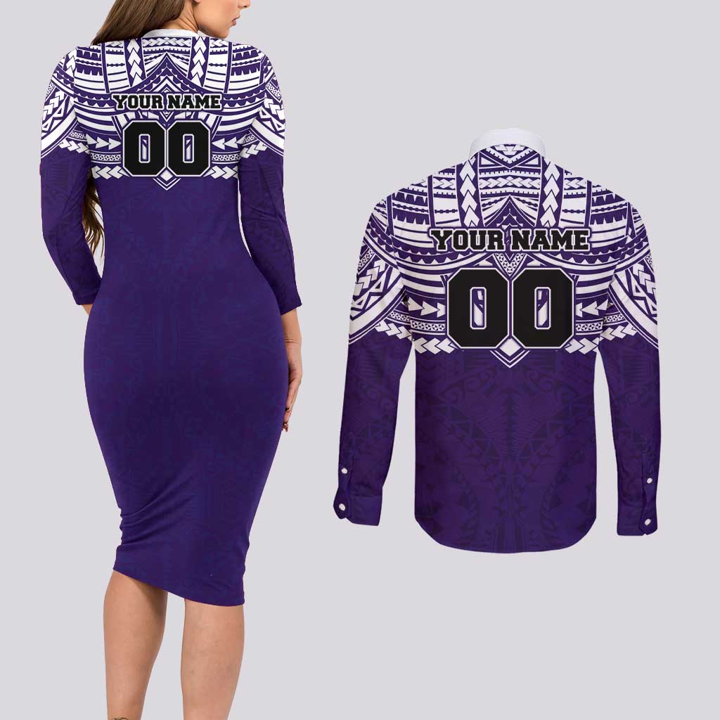 Personalized Fremantle Dockers Couples Matching Long Sleeve Bodycon Dress and Long Sleeve Button Shirt Polynesian Tribal Pattern Heritage Football