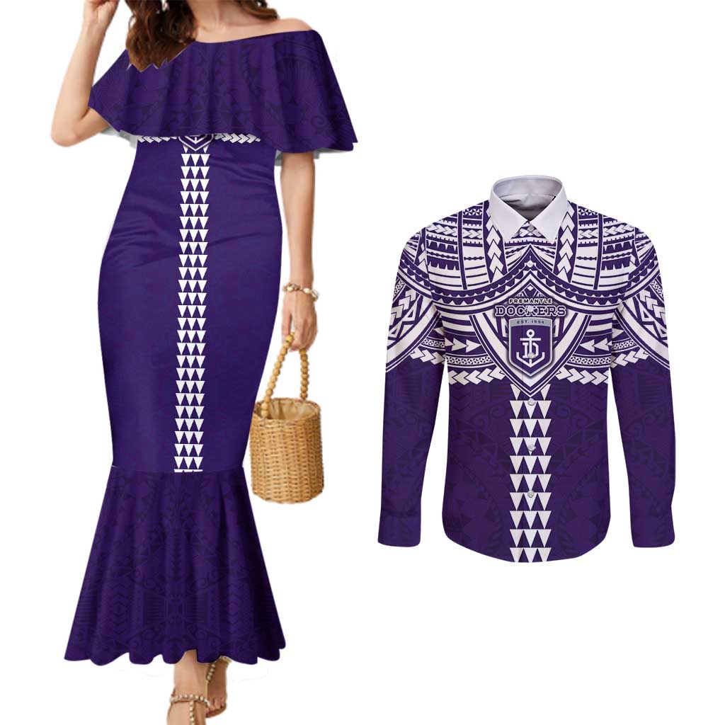 Personalized Fremantle Dockers Couples Matching Mermaid Dress and Long Sleeve Button Shirt Polynesian Tribal Pattern Heritage Football